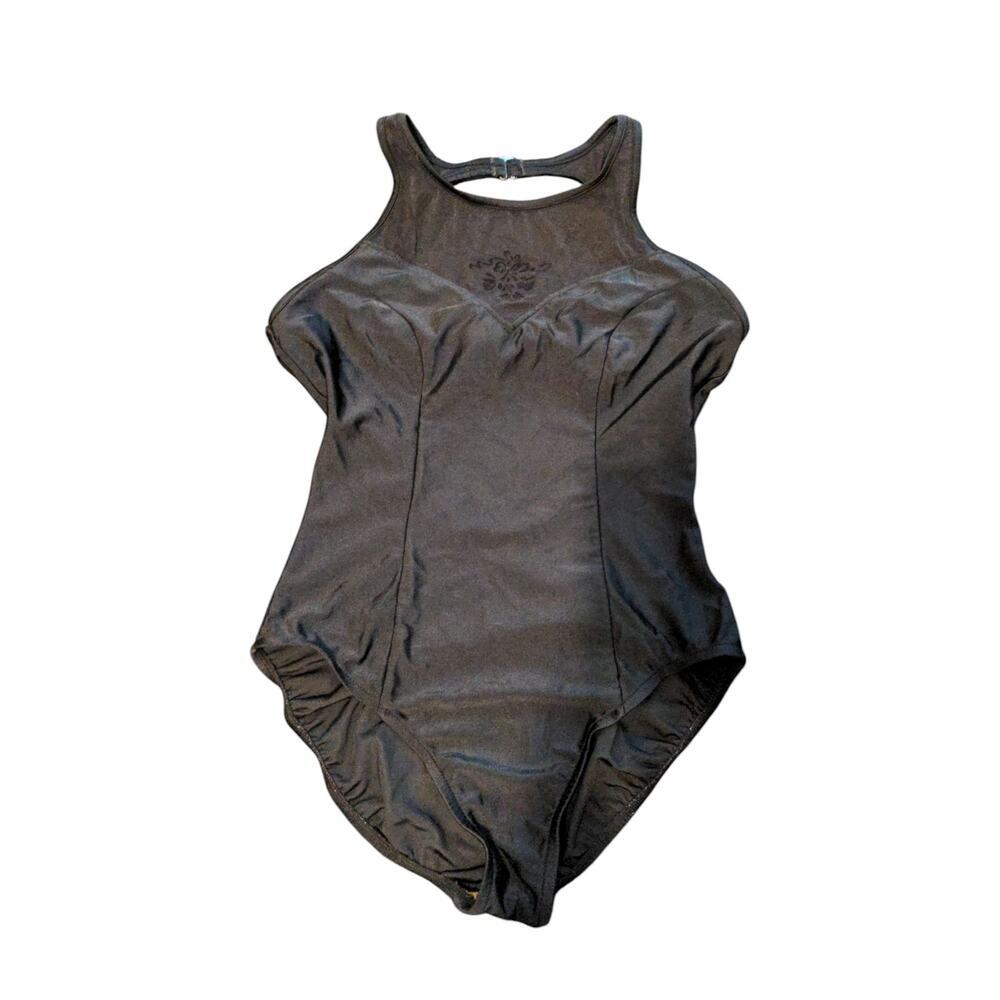 VINTAGE Jantzen Black Mesh High Neck One-Piece Swimsuit H